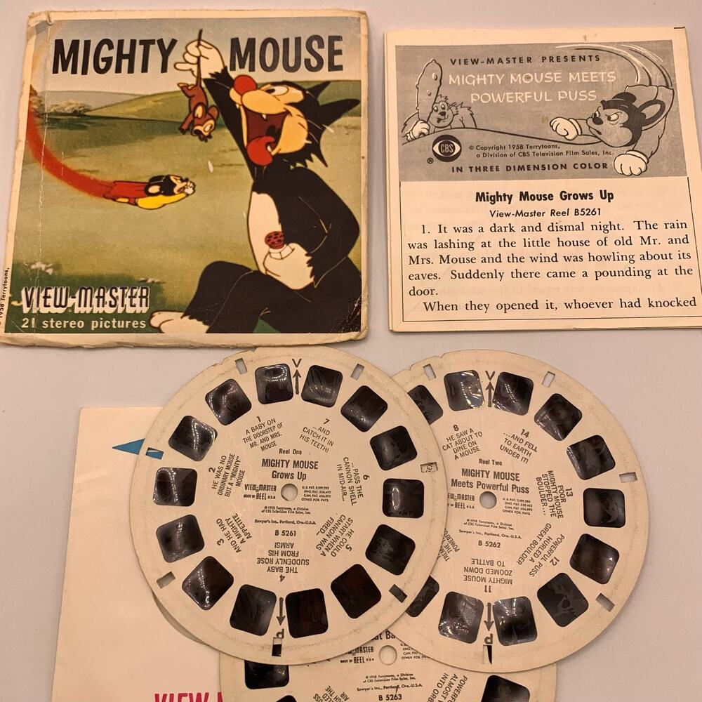 Vintage Mighty Mouse View-Master 3 Reel Set with Booklet & Sleeve (Complete Set)